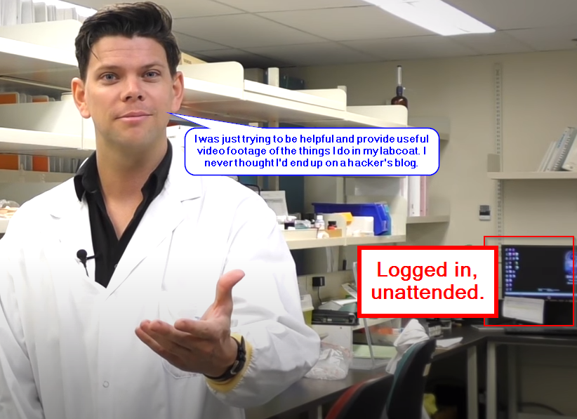 Lab technician in a lab with a logged-in, unattended computer highlighted in the background