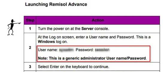 Remisol Advance manual excerpt listing a redacted generic administrator username and password