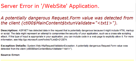 ASP.NET server error page reporting a potentially dangerous Request.Form value