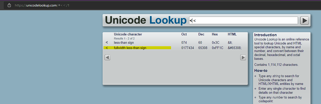 Unicode Lookup site listing the less-than sign and fullwidth less-than sign