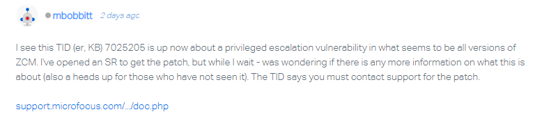 Forum post from user mbobbitt asking for details on the ZCM privilege escalation patch