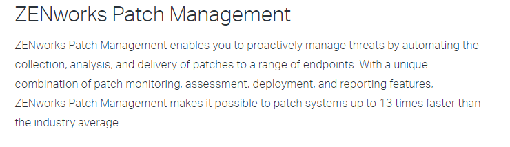 ZENworks Patch Management marketing text describing automated patch delivery to endpoints