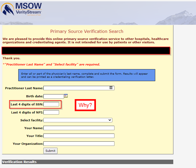 MSOW Primary Source Verification Search form with the last 4 digits of SSN field highlighted