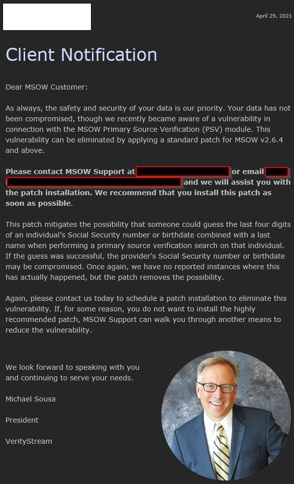 VerityStream client notification letter about the MSOW PSV vulnerability patch, signed by the president