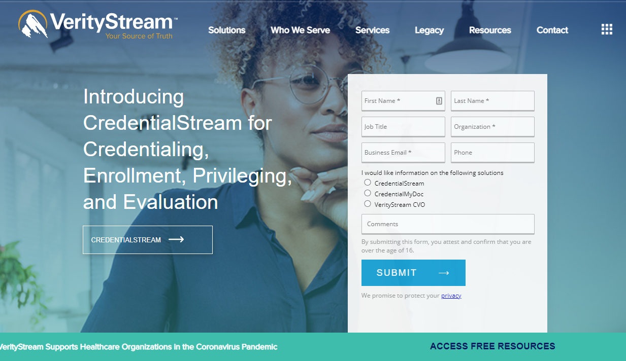 VerityStream website homepage introducing CredentialStream for credentialing, enrollment, privileging, and evaluation